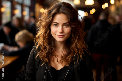 A woman with long brown hair is smiling at the camera