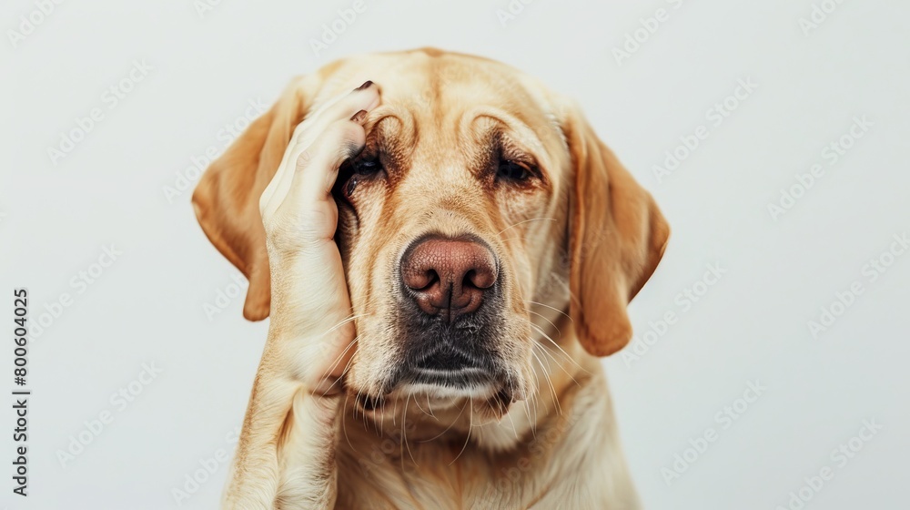 Dog covers its eyes, white background, 16:9 Dog covers its eyes, white background, 16:9