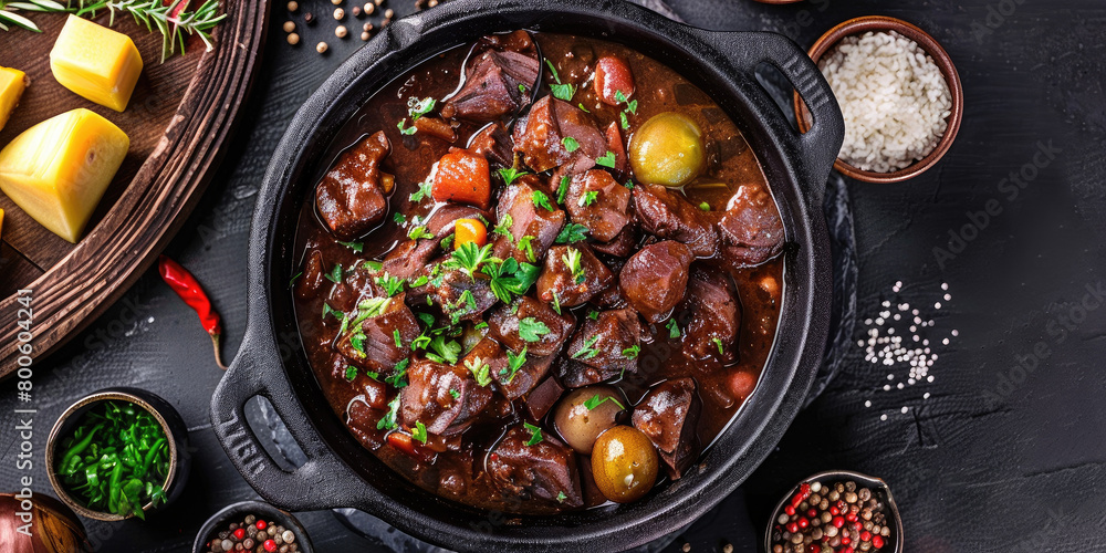 Feijoada in a black cast iron pot, Traditional Brazilian stew, Rich and hearty flavors, Homely presentation. Feijoada in a black cast iron pot, Traditional Brazilian stew, Rich and hearty flavors, Homely presentation.
