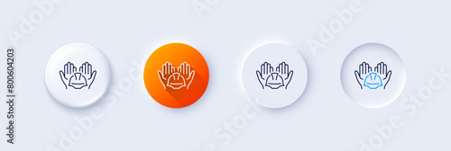 Builders union line icon. Neumorphic, Orange gradient, 3d pin buttons. Care ocnstruction workers sign. Engineer or architect helmet symbol. Line icons. Neumorphic buttons with outline signs. Vector