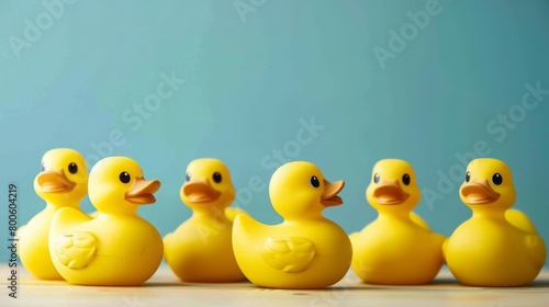 yellow plastic squeaky rubber ducks in a row, copy and text space, 16:9 photo