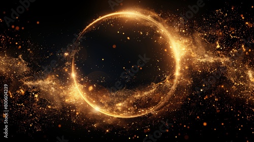 Magic fairy circle design element with golden glitter particles isolated on black transparent background. Modern illustration.