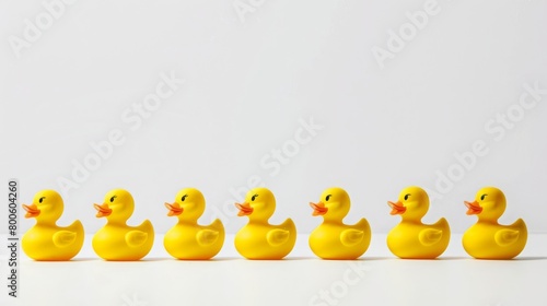 yellow plastic squeaky rubber ducks in a row, copy and text space, 16:9