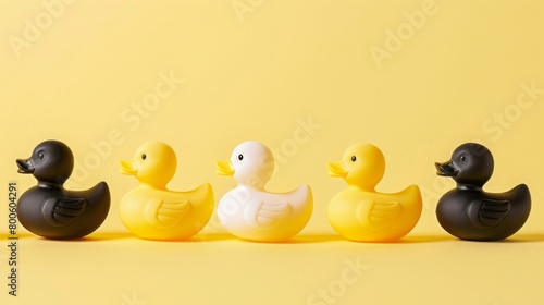 yellow and black plastic squeaky rubber ducks in a row, yellow background, copy and text space, 16:9 photo