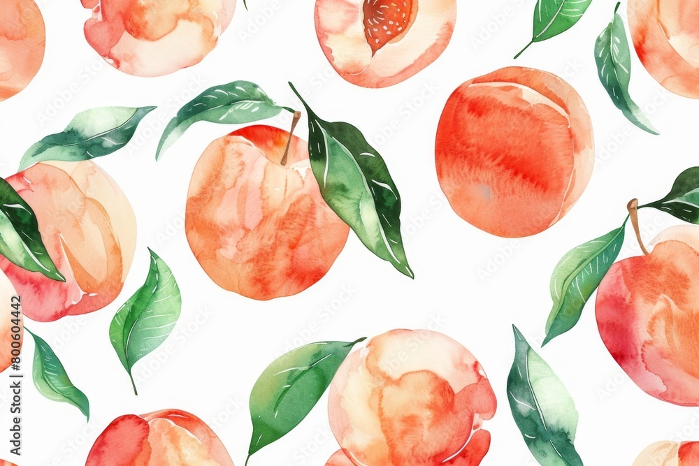 peach fruit pattern, white background, watercolor style in the style of soft pastel color and green leaves Generative AI peach fruit pattern, white background, watercolor style in the style of soft pastel color and green leaves Generative AI