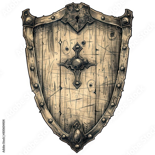 A meticulously crafted medieval shield with a central crest, flanked by rivets and decorative elements, giving a historic vibe photo