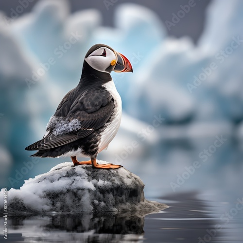 A cute puffin standing on a rock in the middle of the ocean. The water is crystal clear and the sun is shining. The puffin is looking at the camera with its big, round eyes. photo