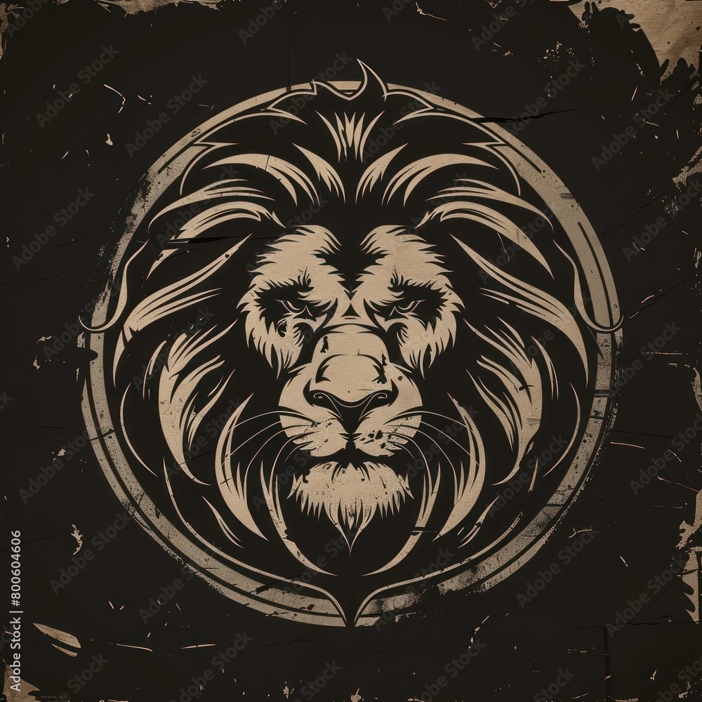 Obraz premium A bold, graphic depiction of a lion's face centered within a rough circular frame, offering a modern take on classic imagery