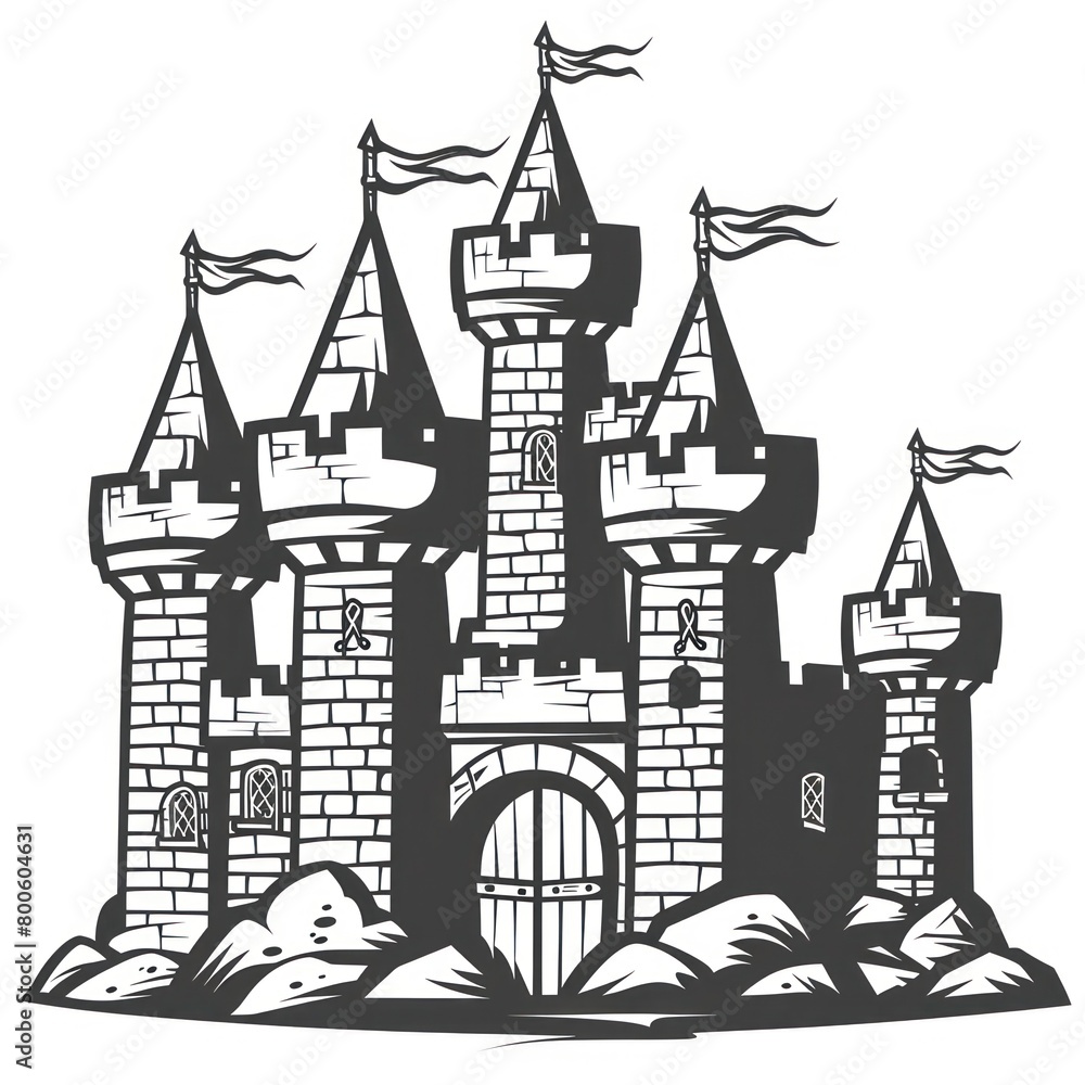 A detailed black and white sketch of a grand fantasy castle with multiple towers and waving flags