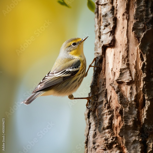 Yellow-rumped Warbler (Setophaga coronata) perches on a tree trunk. photo