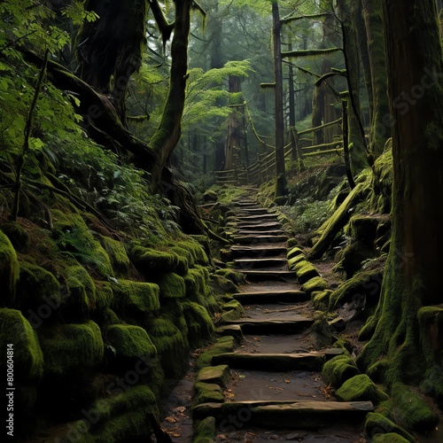 A beautiful and enchanting forest path  with a stone staircase leading through the lush green moss and ferns