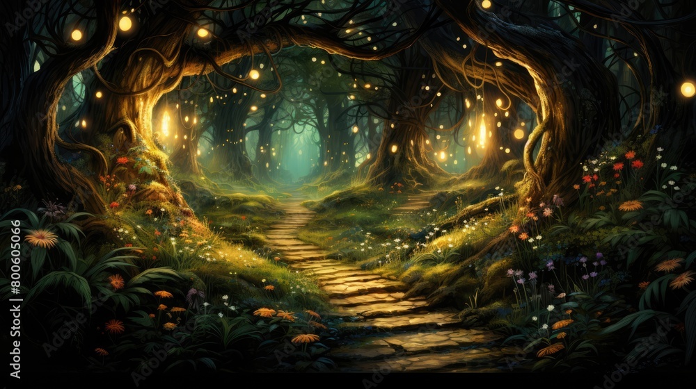 a picture wide winding path through lush enchanted forest, with tree canopy, magical fairytale lanterns