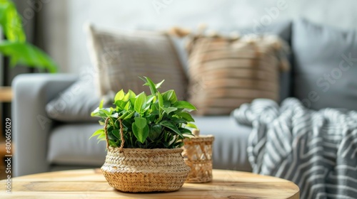 Cozy living room with wooden table with houseplant, grey sofa and wicker basket. Generated AI