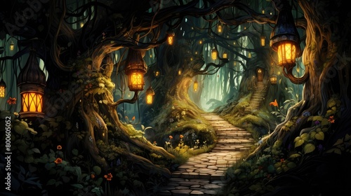 a illustration wide winding path through lush enchanted forest, with tree canopy, magical fairytale lanterns