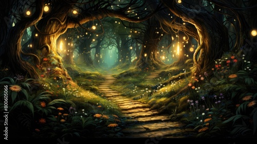 a picture wide winding path through lush enchanted forest, with tree canopy, magical fairytale lanterns