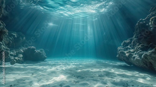 This stunning underwater shot captures the serene beauty of sunbeams filtering through water to the sandy ocean floor