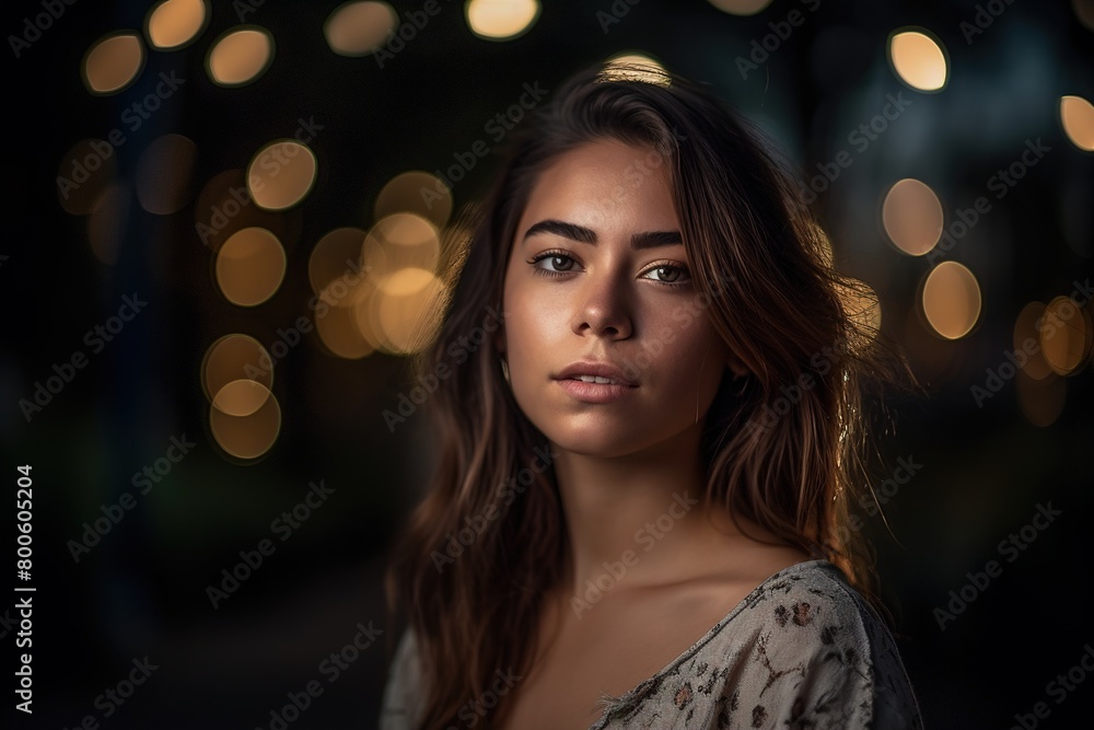 A woman with long brown hair is standing in front of a lighted background A woman with long brown hair is standing in front of a lighted background