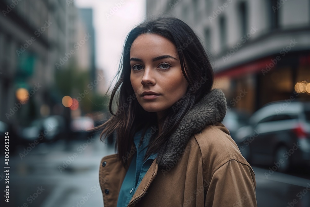 A woman wearing a brown coat and a scarf stands in front of a building A woman wearing a brown coat and a scarf stands in front of a building