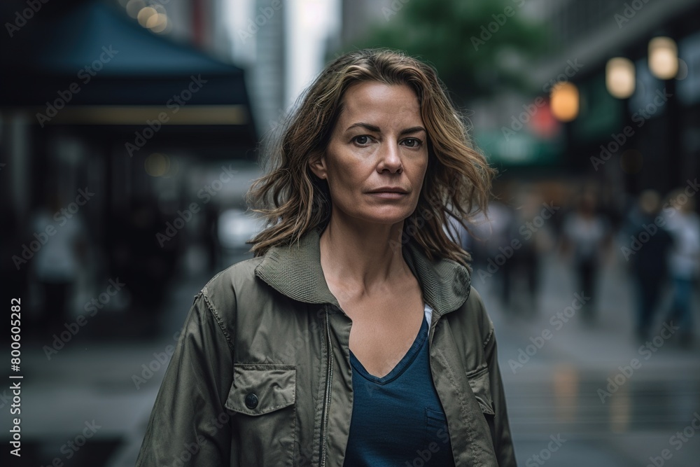 A woman in a green jacket is standing on a sidewalk in a city A woman in a green jacket is standing on a sidewalk in a city