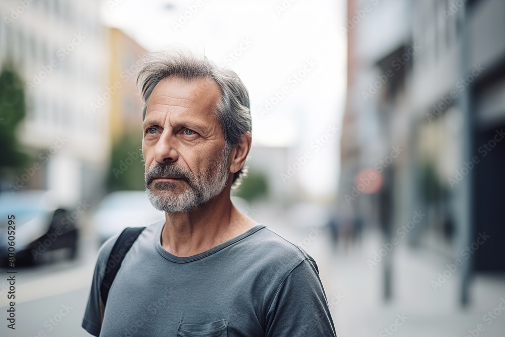 A man with a beard and gray hair is standing on a city street A man with a beard and gray hair is standing on a city street