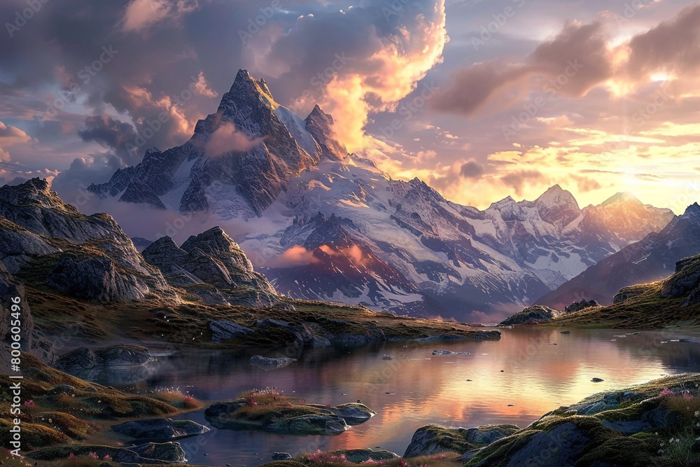 Alpine paradise majestic mountains and lakes bathed in sunset light Alpine paradise majestic mountains and lakes bathed in sunset light