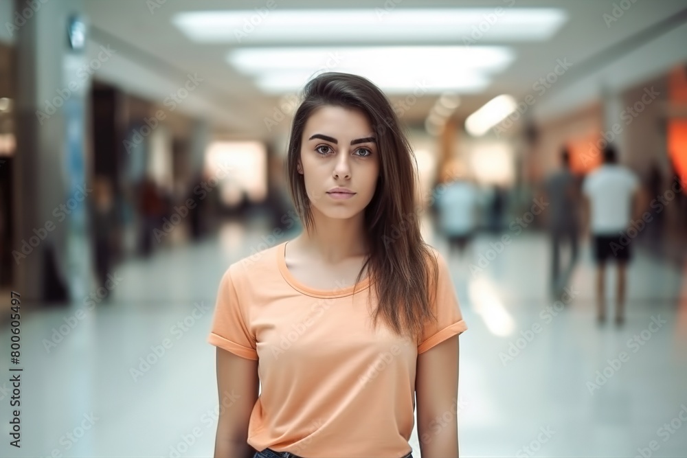 A woman in an orange shirt stands in a mall A woman in an orange shirt stands in a mall