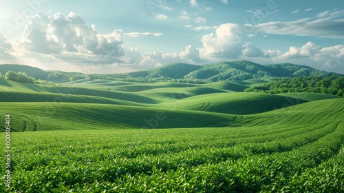 Illustration of a country landscape. Green meadow field  hill  plants  blue sky with clouds. Farm setting for organic production.