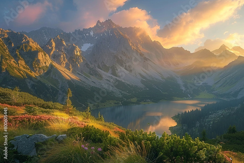 Alpine paradise majestic mountains and lakes bathed in sunset light   © Tohamina