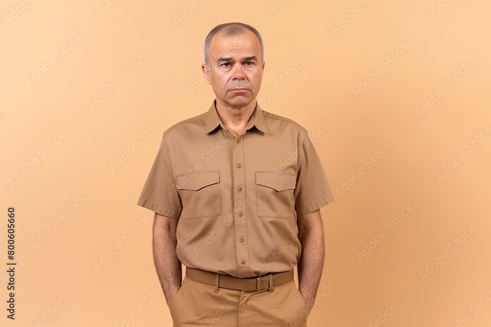 Fototapeta premium A man in a tan shirt and khaki pants is standing in front of a beige wall