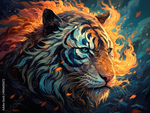 a illustration chinese painting tiger s head in color with flames