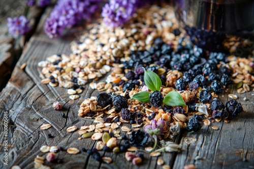 Granola with lupine flakes and aronia berries