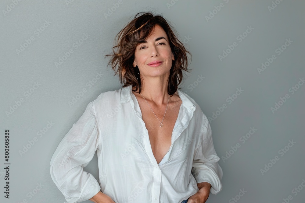 A woman is standing in front of a wall, wearing a white shirt and a necklace A woman is standing in front of a wall, wearing a white shirt and a necklace