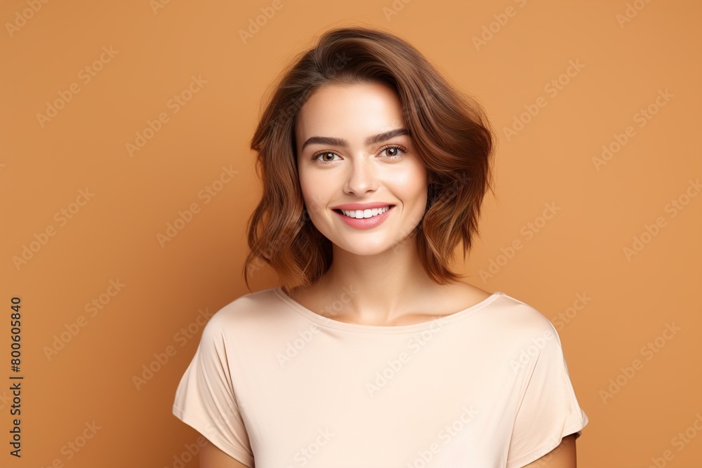 A woman with short brown hair and a tan shirt is smiling A woman with short brown hair and a tan shirt is smiling