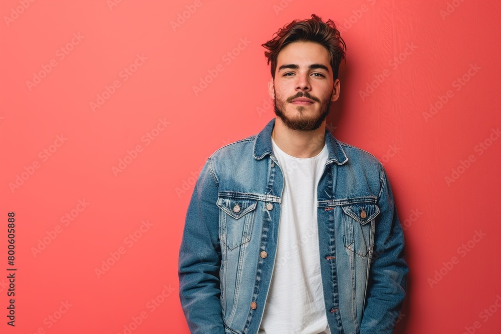A man in a blue jacket and white shirt is standing in front of a red wall A man in a blue jacket and white shirt is standing in front of a red wall