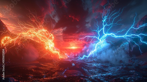 Lightning on a dark background. Blue neon cartoon thunder. Modern illustration.