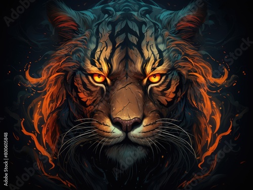 a picture chinese painting tiger's head in color with flames © positfid