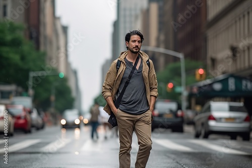 A man wearing a brown jacket and gray shirt is walking down a city street