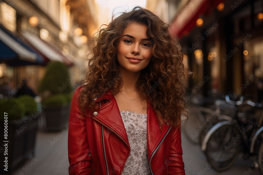 A woman with curly hair is wearing a red leather jacket and smiling