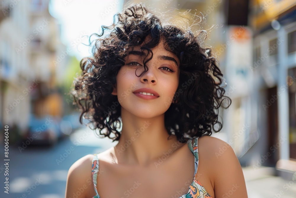 A woman with curly hair is smiling and standing on a street A woman with curly hair is smiling and standing on a street