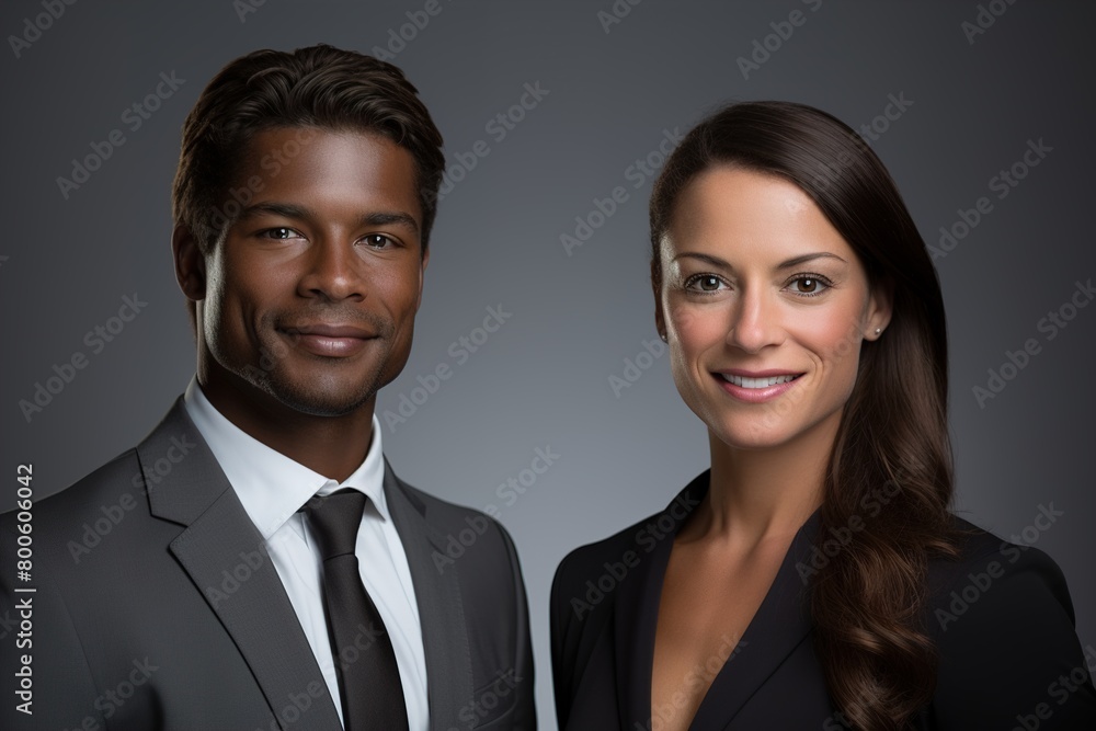 A man and a woman are posing for a photo in business attire A man and a woman are posing for a photo in business attire
