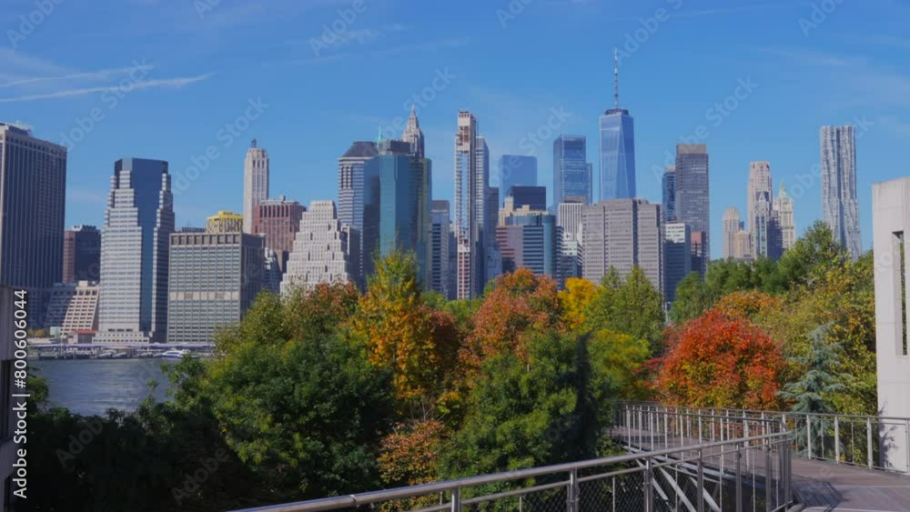 NEW YORK, NEW YORK - USA OCTOBER 26, 2023: Squibb Park Bridge run through among autumn color trees at Brooklyn Bridge Park. Lower Manhattan skyscraper stands behind autumn leave trees and East River.
NEW YORK, NEW YORK - USA OCTOBER 26, 2023: Squibb Park Bridge run through among autumn color trees at Brooklyn Bridge Park. Lower Manhattan skyscraper stands behind autumn leave trees and East River.