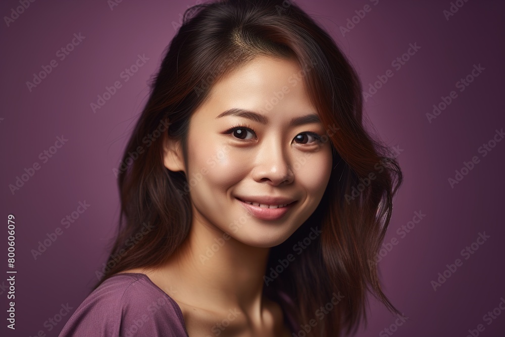 Fototapeta premium A woman with long brown hair and a purple shirt is smiling