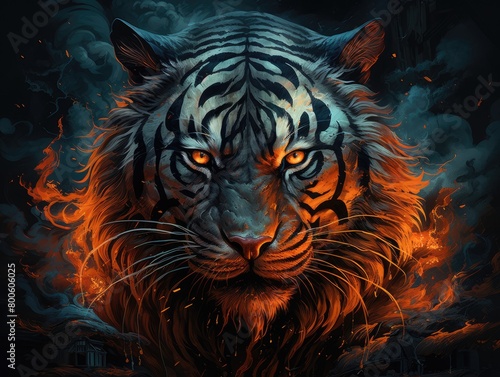 a image chinese painting tiger's head in color with flames © positfid