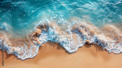 Tropical ocean beach banner with yellow sand and blue sea. Vacation text sign. Top view on shore with wave water, white foam.