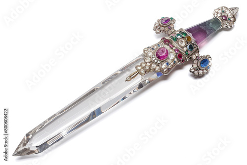Crystal-encrusted battle dagger with a crystal-clear blade and gemstone-studded hilt isolated on solid white background.