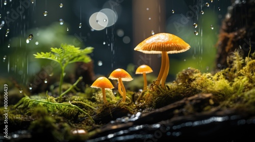 a illustration close up of some plants sitting on moss, in the style of dark yellow and light gold, mystical fantasy, mushroom core
