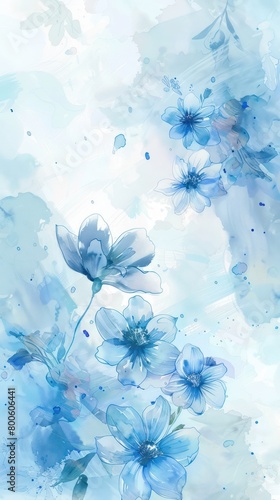 Fototapeta Naklejka Na Ścianę i Meble -  Delicate blue flowers emerge amidst ethereal watercolor brushstrokes, evoking a dreamy feel