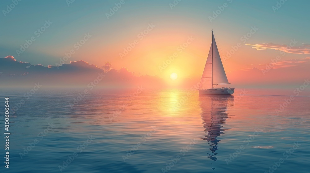 Illustration of floating boat. Front yacht. Sail. Sailing sport. Summer background.