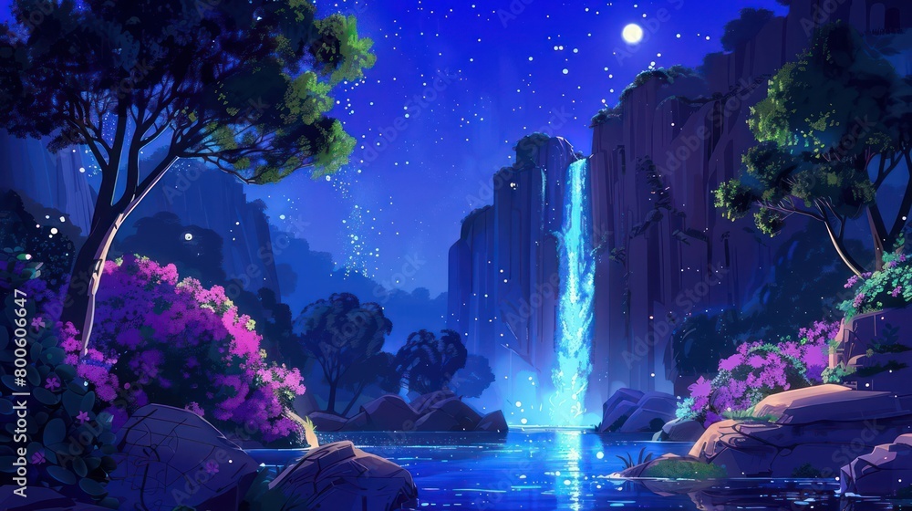 Fototapeta premium Magical starry night scene with a vibrant waterfall oasis, surrounded by lush flora