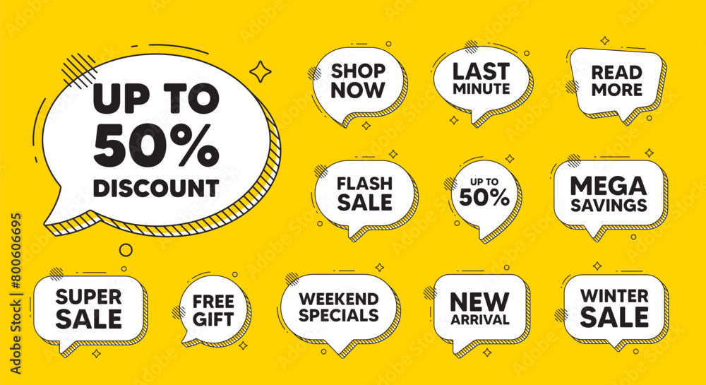 Offer speech bubble icons. Up to 50 percent discount. Sale offer price sign. Special offer symbol. Save 50 percentages. Discount tag chat offer. Speech bubble discount banner. Text box balloon. Vector Offer speech bubble icons. Up to 50 percent discount. Sale offer price sign. Special offer symbol. Save 50 percentages. Discount tag chat offer. Speech bubble discount banner. Text box balloon. Vector